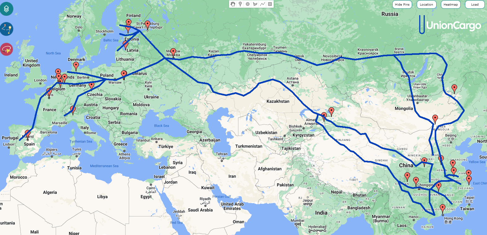 route map of rail transport from China to Poland